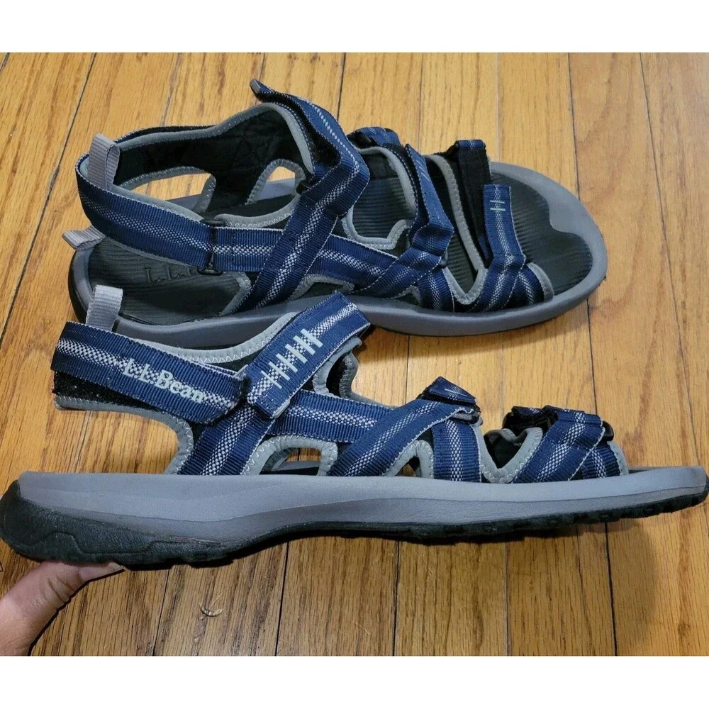 LL Bean Mohegan Sandals Sz 13M Blue & Grey 4 Adjustable Hook Loop Straps Fisher